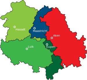 Die Mitgliedsregionen der Euregio Maas-Rhein: Provinz Lüttich, Provinz Belgisch-Limburg, Provinz Niederländisch-Limburg, Deutschsprachige Gemeinschaft, Regio Aachen.