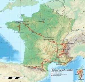 Erstmals seit 2013 findet die Tour in diesem Jahr ausschließlich auf französischem Territorium statt. (Zum Vergrößern Karte anklicken). Karte: Wikipedia