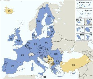 Die Mitgliedstaaten (in Blau) und die Beitrittskandidaten (in Gelb) der EU. Foto: Wikipedia