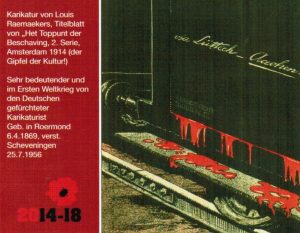 Mit dieser Karikatur von Louis Raemaekers wollen die Veranstalter der Ausstellung wahrscheinlich bewusst provozieren. Sie zeigt einen Eisenbahnwaggon mit der Aufschrift “via Lüttich-Aachen”, aus dem jede Menge Blut fließt.