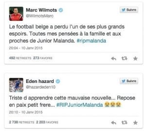 Marc Wilmots und Eden Hazard bekundeten auf Twitter ihre Trauer über den Tod von Junior Malanda.