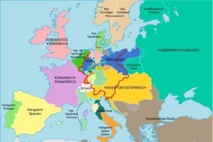 Zentraleuropa nach dem Wiener Kongress 1815. Rote Markierung ist die Grenze des Deutschen Bundes (Erklärung am Ende des Artikels). Grafik: Wikipedia