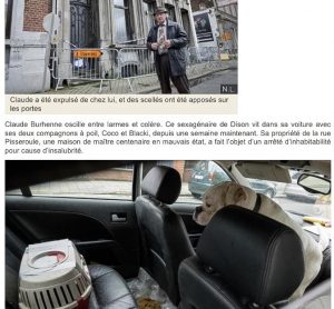 Auszug aus dem Artikel der Zeitung La Meuse, oben Claude Burhenne vor dem Haus und unten Hund Coco und Katze Blacki in seinem Auto.